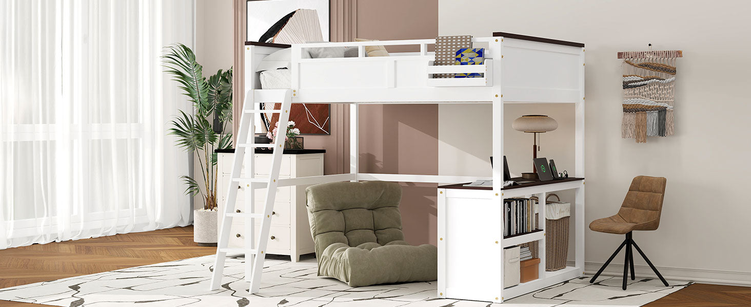 Queen Size Loft Bed With Desk, Open Shelf And Storage Box