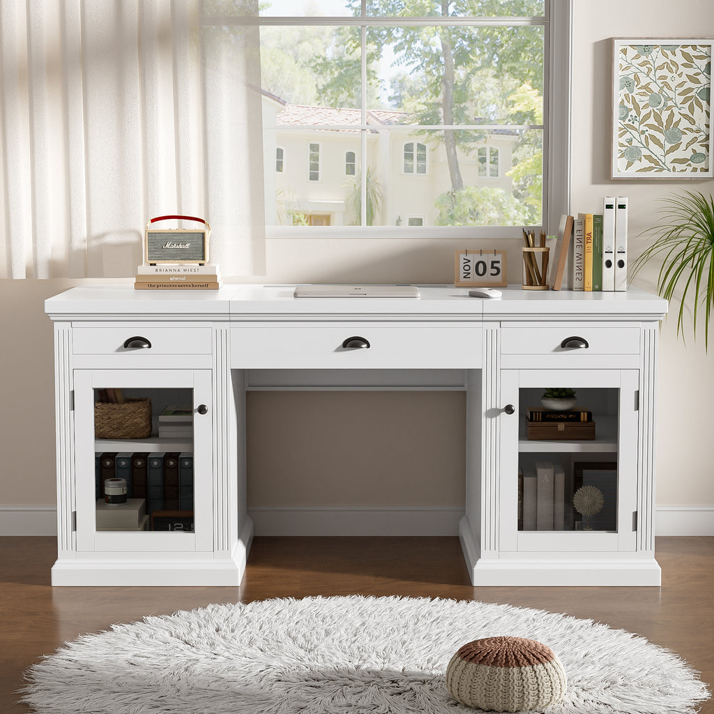 67" Modern Executive Desk with Glass Doors and Drawers