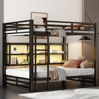 Metal Queen Over Queen Bunk Bed with Storage Cabinets and LED