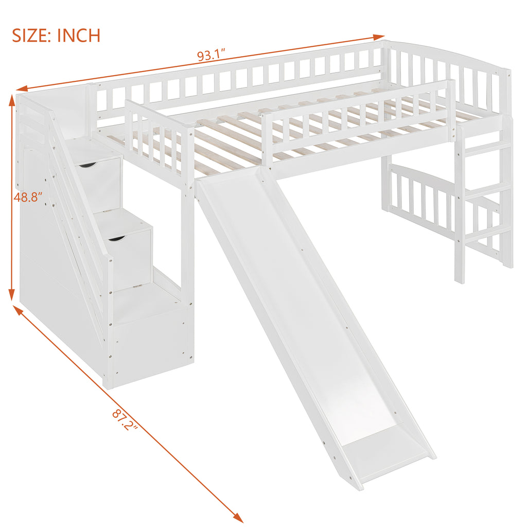 Stairway Twin Size Loft Bed with Two Drawers and Slide, White