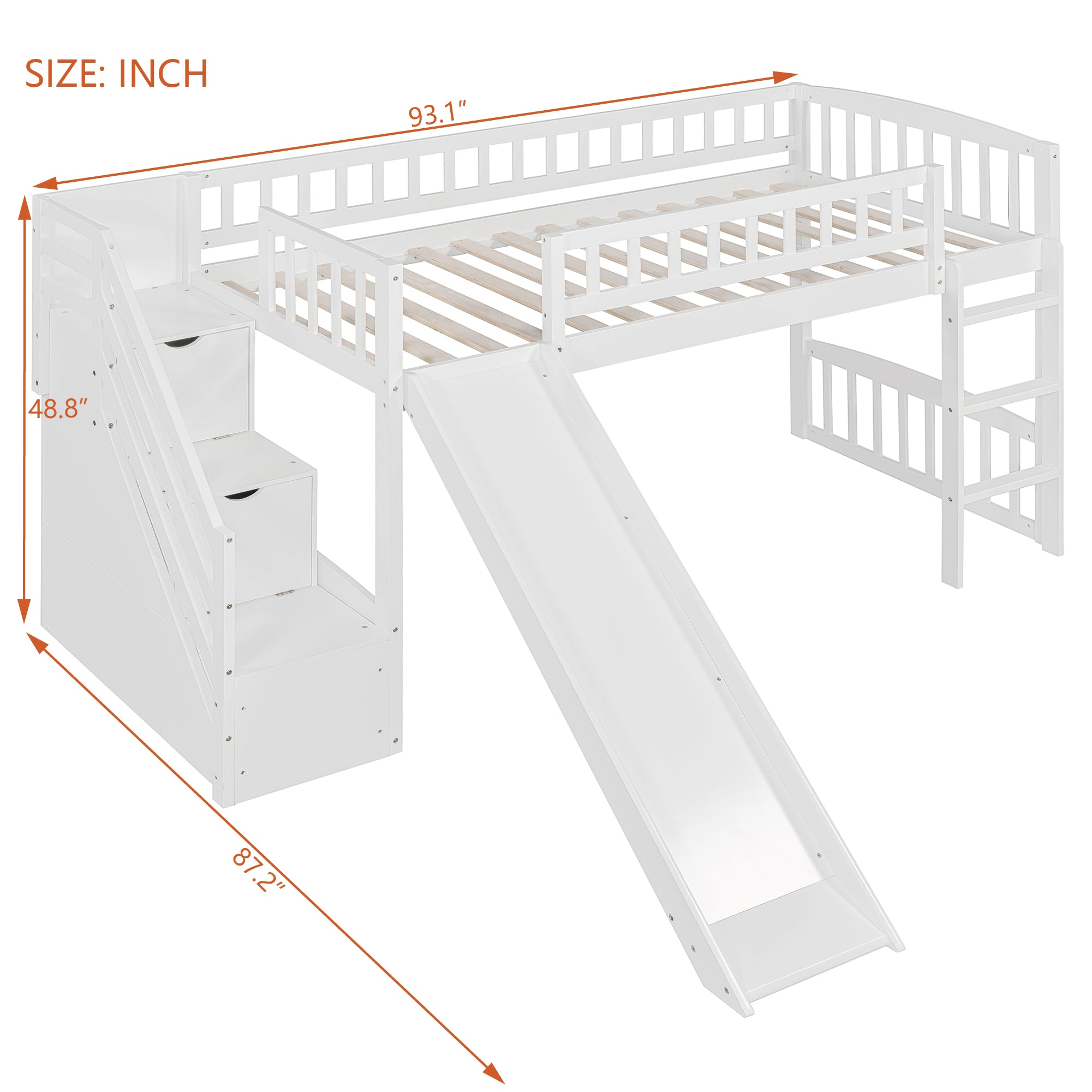 Stairway Twin Size Loft Bed with Two Drawers and Slide, White