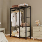 Acacia Wood Garment Racks with Shelves and Wicker Drawers