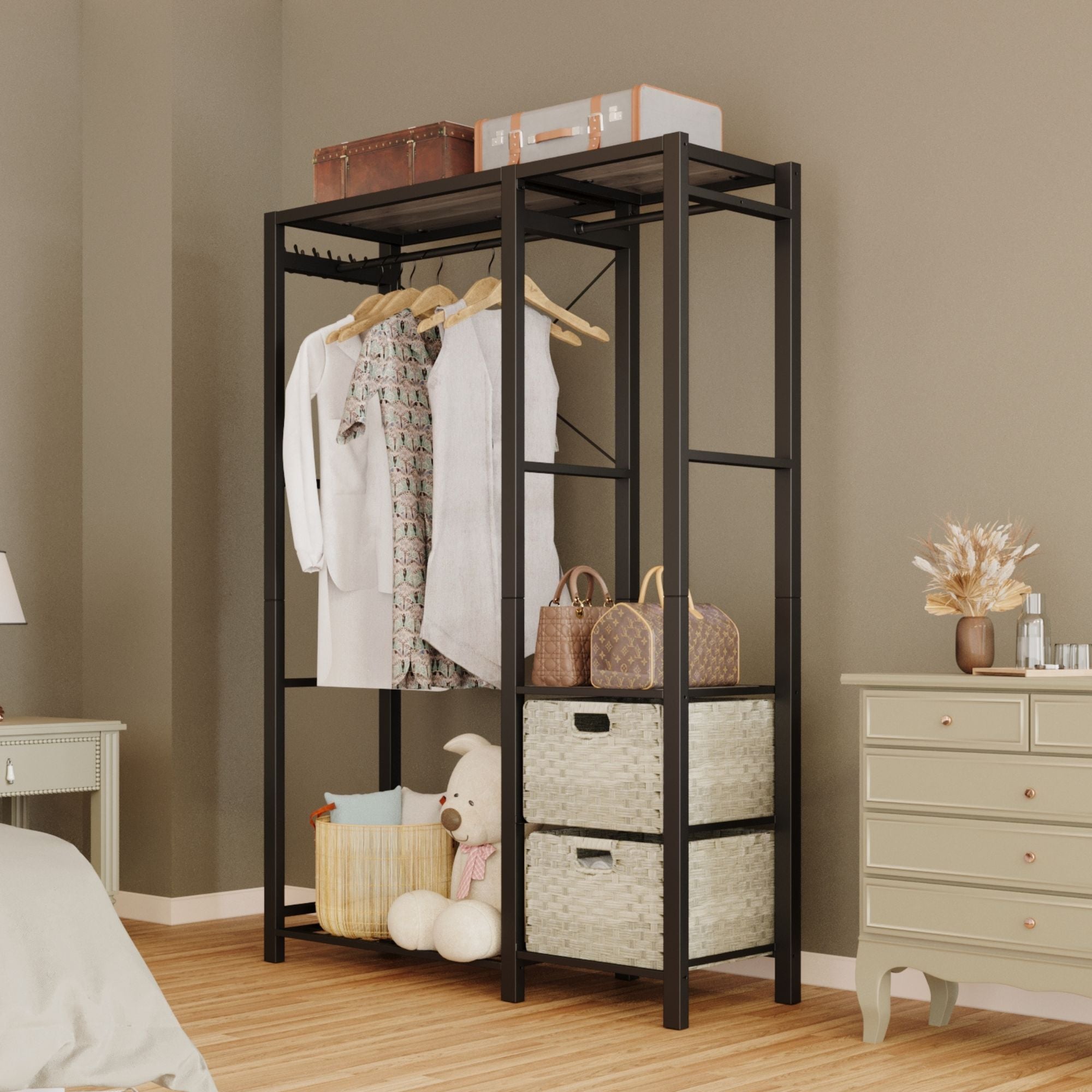 Acacia Wood Garment Racks with Shelves and Wicker Drawers