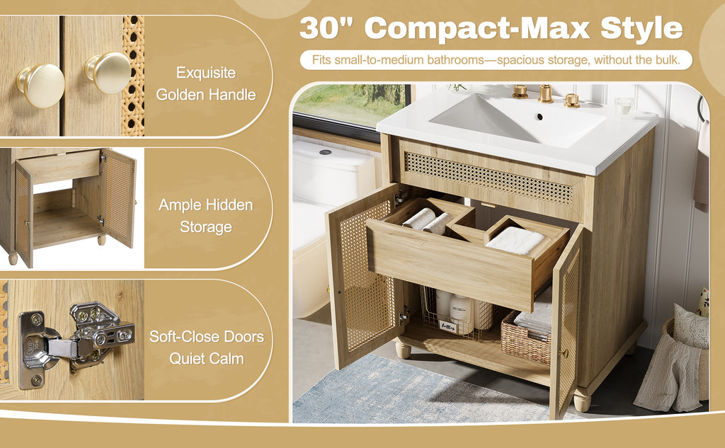 30-Inch Bathroom Vanity: Handwoven Rattan Doors, Solid Wood Legs & Resin Basin