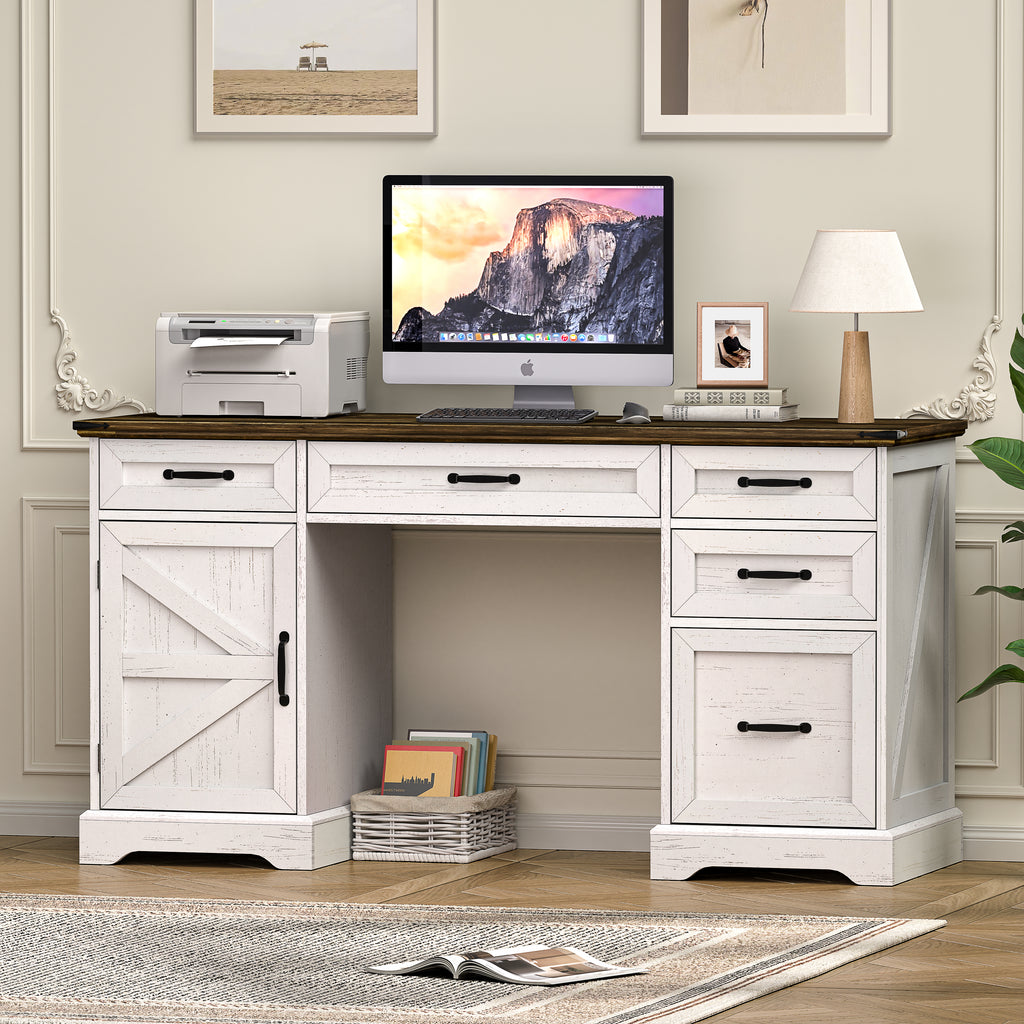58" Farmhouse Executive Desk with Drawers and File Cabinet