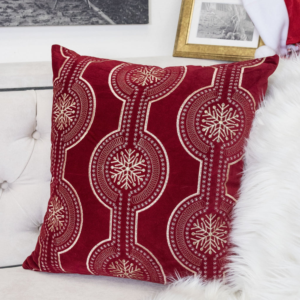 Red Holiday Embroidered Velvet Throw Pillow with Insert - Set of 2