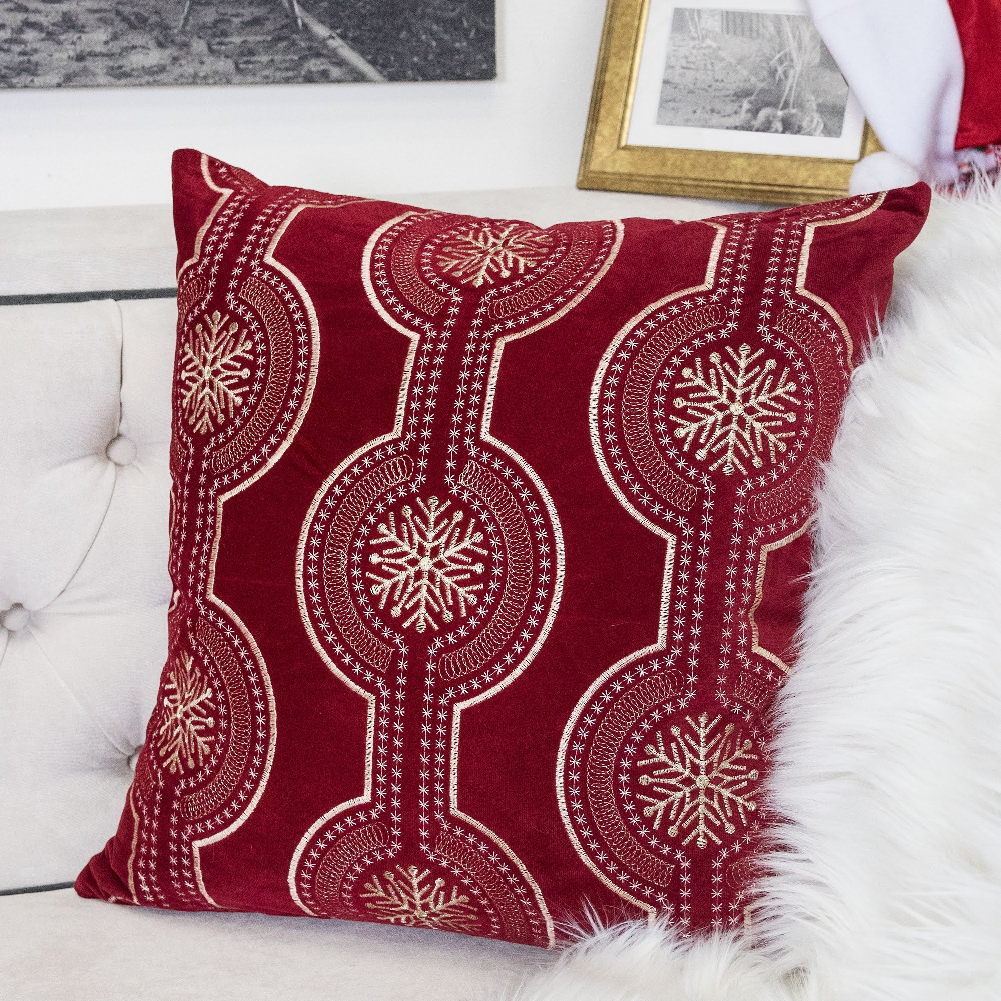 Red Holiday Embroidered Velvet Throw Pillow with Insert - Set of 2
