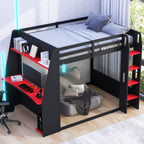 Full Size Wooden Gaming Bunk Bed with Desk and Storage