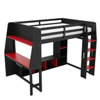 Wood Full Size Gaming Loft Bed with Desk, Multi-storage Shelves, LED and a Hanging Clothes Rack