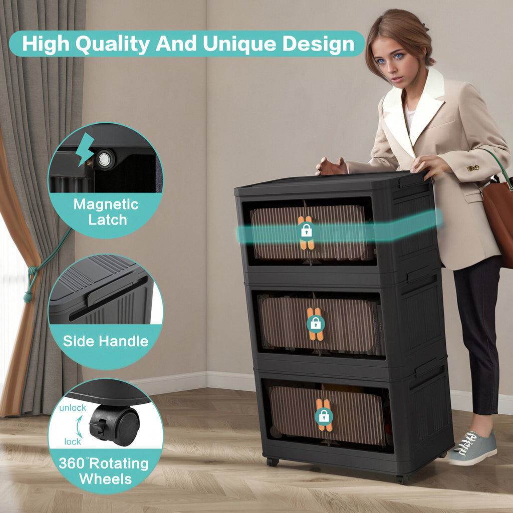 Black 24" Side Wide Folding Storage Cabinet - 5 Tiers