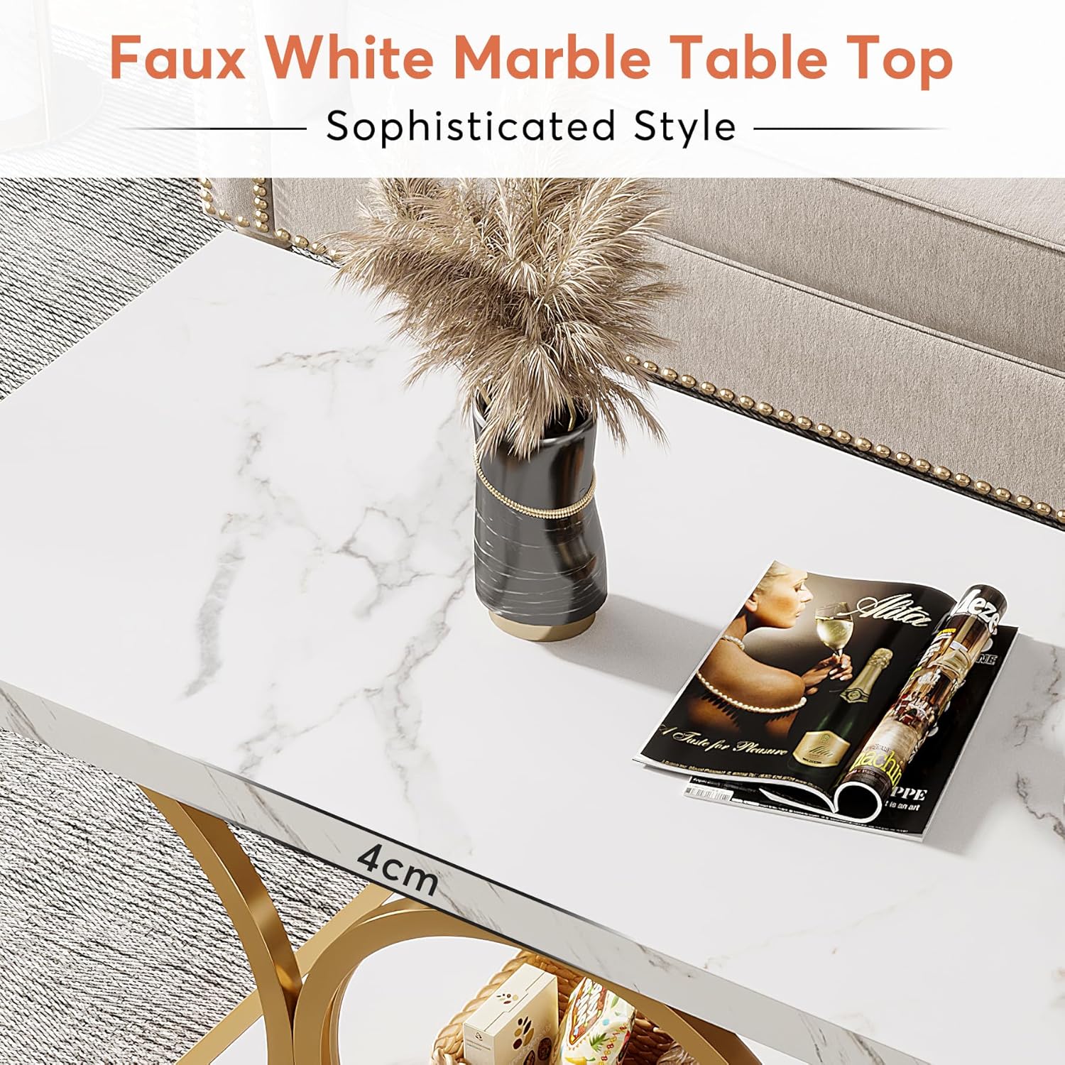 47.24-inch Modern Rectangle Coffee Table in White & Gold