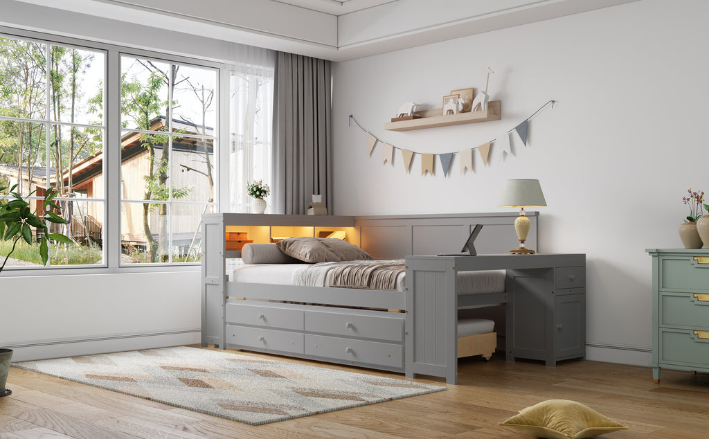 Full Size Daybed with Storage Shelves, Drawers, and Trundle