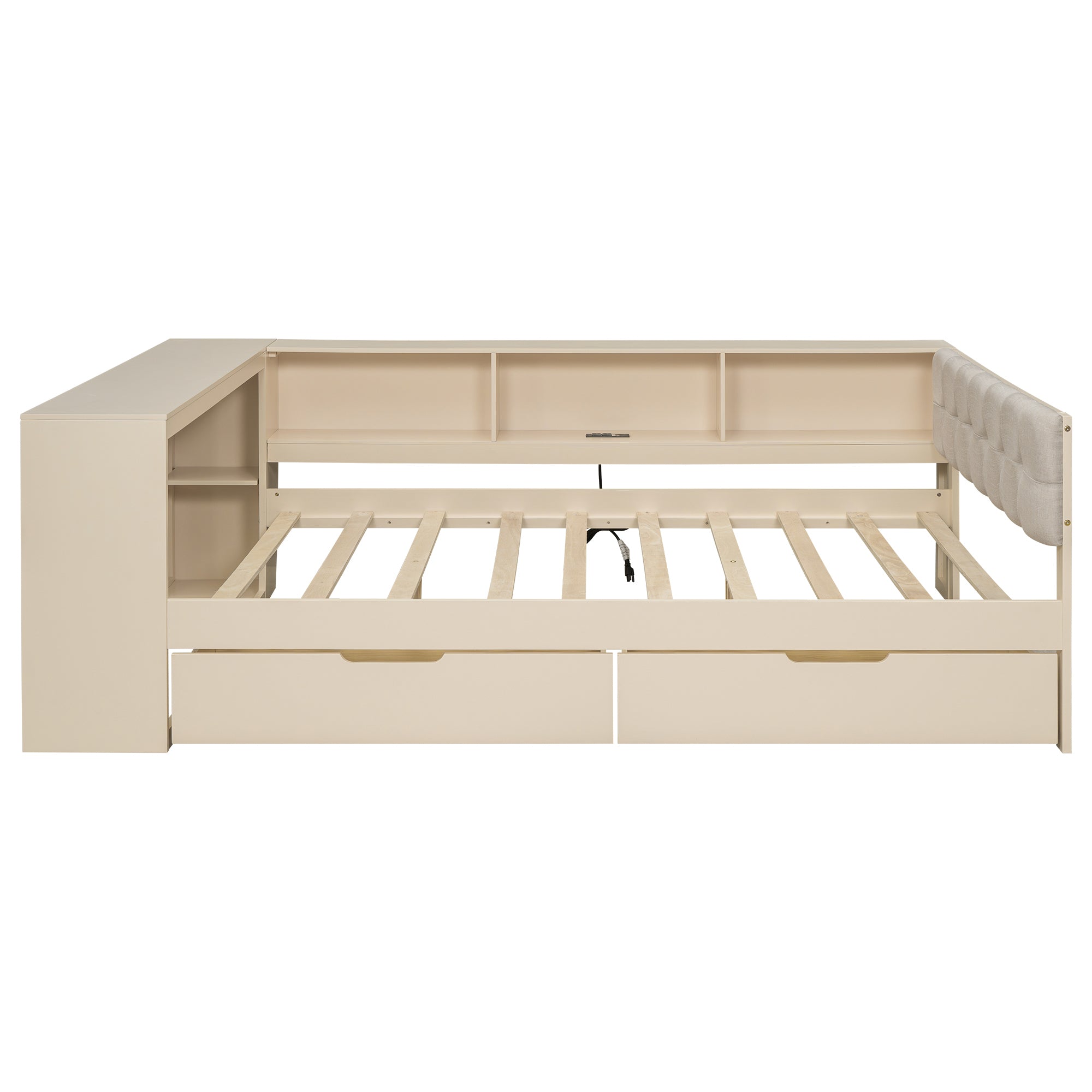 Wood Full Size Platform Bed with Storage Shelves, Drawers, Charging Station and Upholstered Headboard