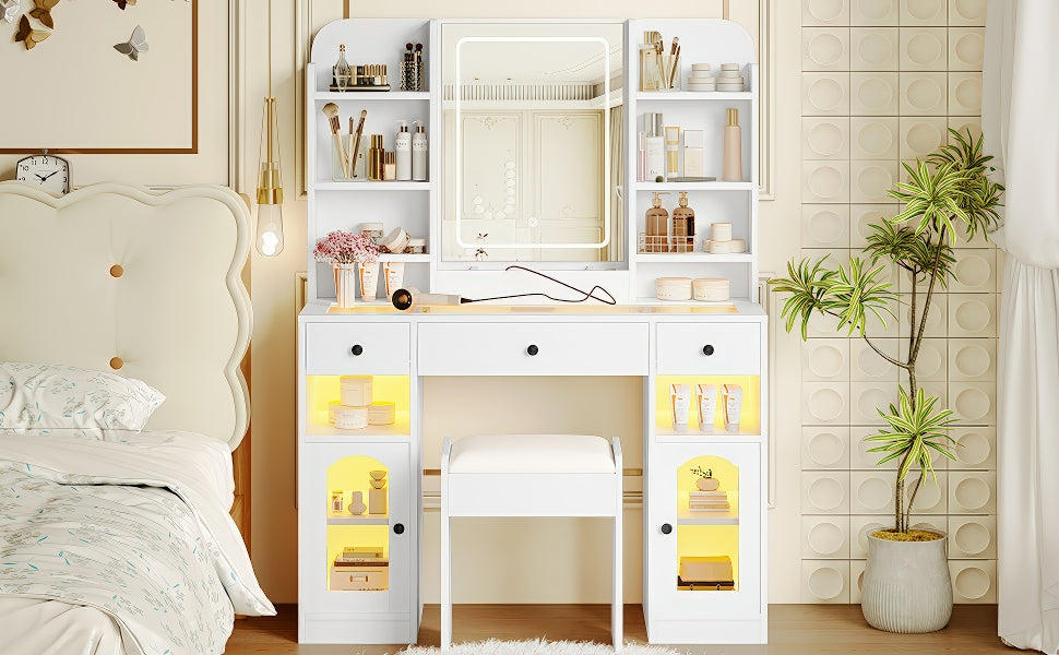 43.2" Vanity Desk with LED Mirror and RGB Light Cabinets