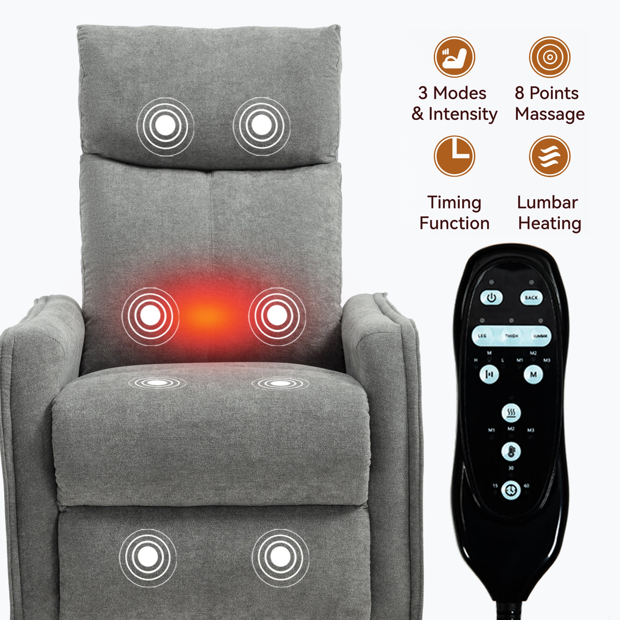 Heat Massage Manual Recliner Chair with Rocker and Swivel in Fabric
