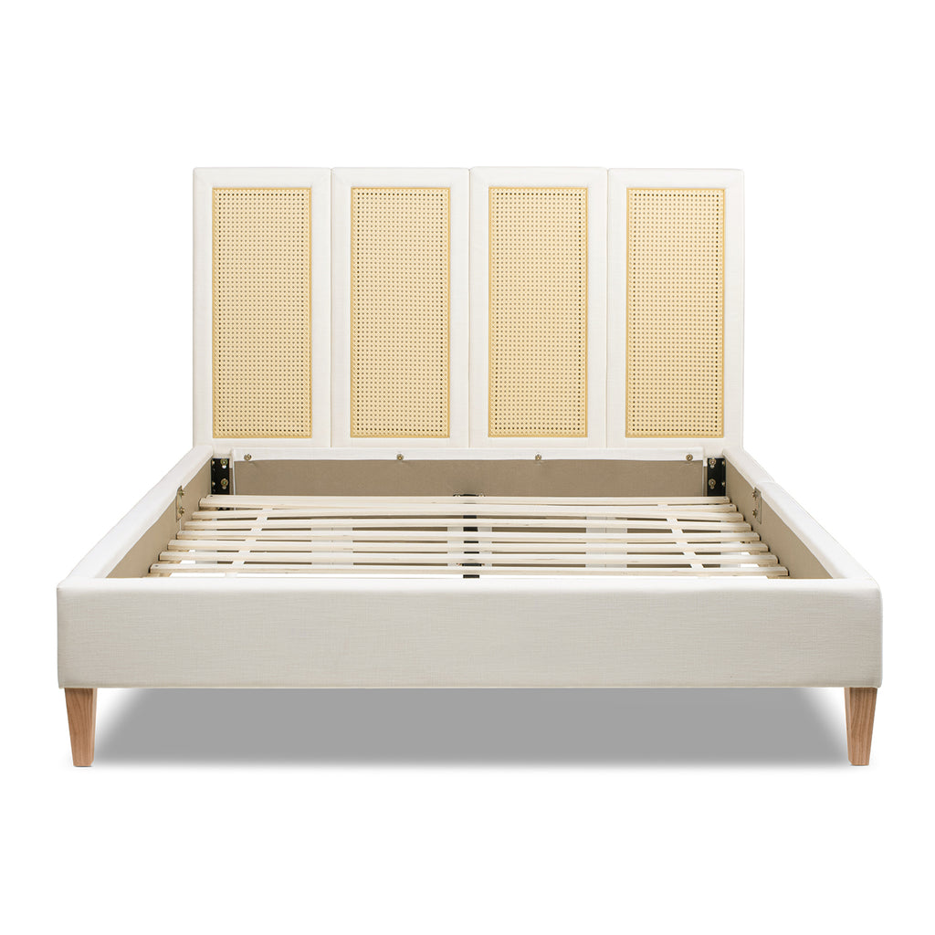 Toscana Queen Upholstered Cane Back Platform Bed, Antique