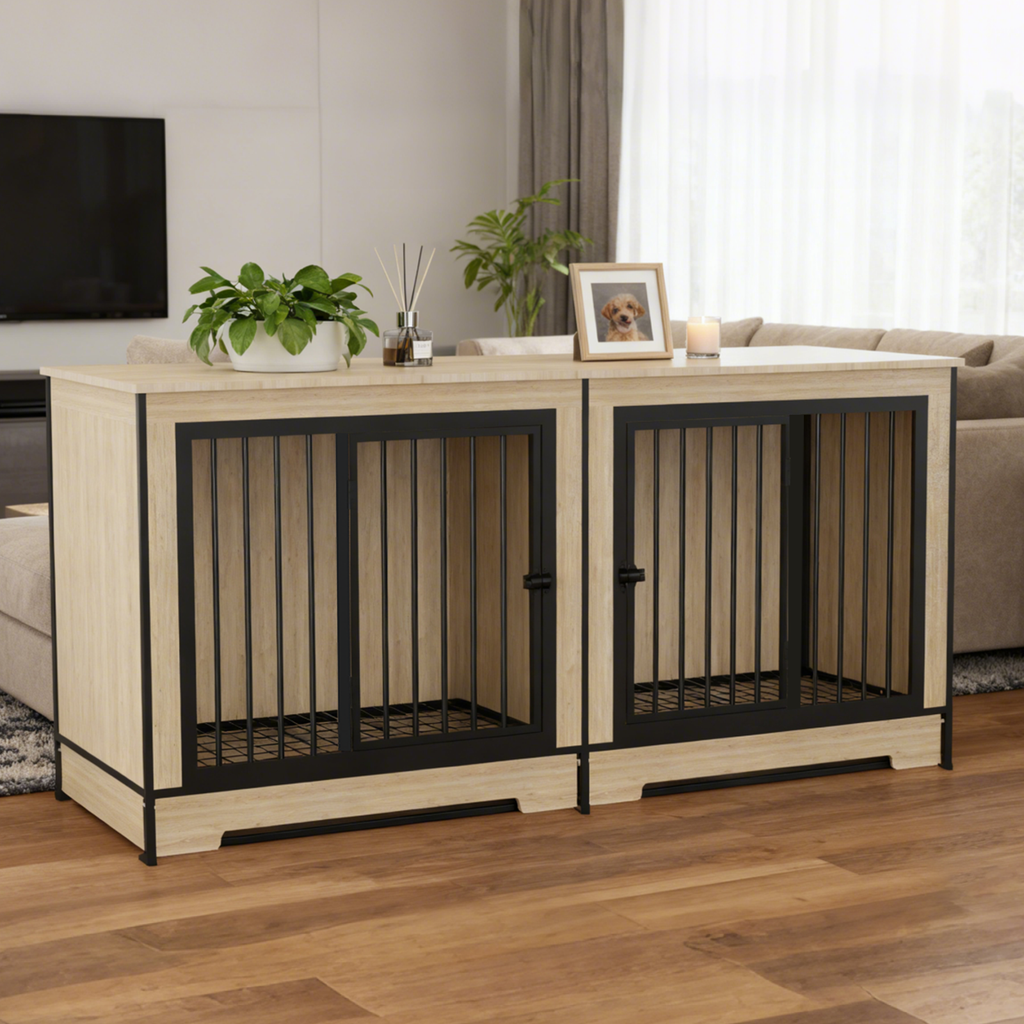 Wooden Dog Crate Furniture with Two Combined Rooms for Medium to Large Dogs