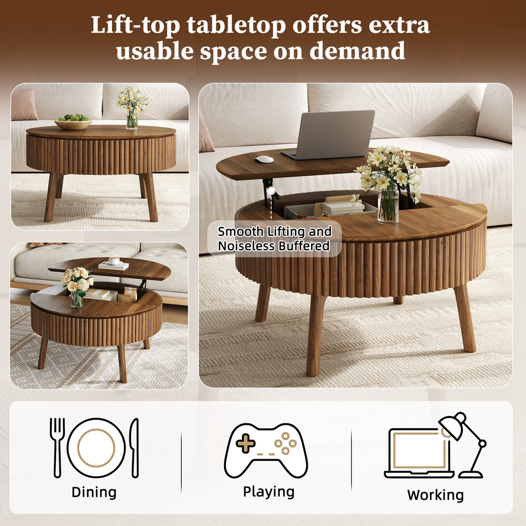 Modern Round Lift-Top Coffee Table with Half Flip-Top & Hidden Storage
