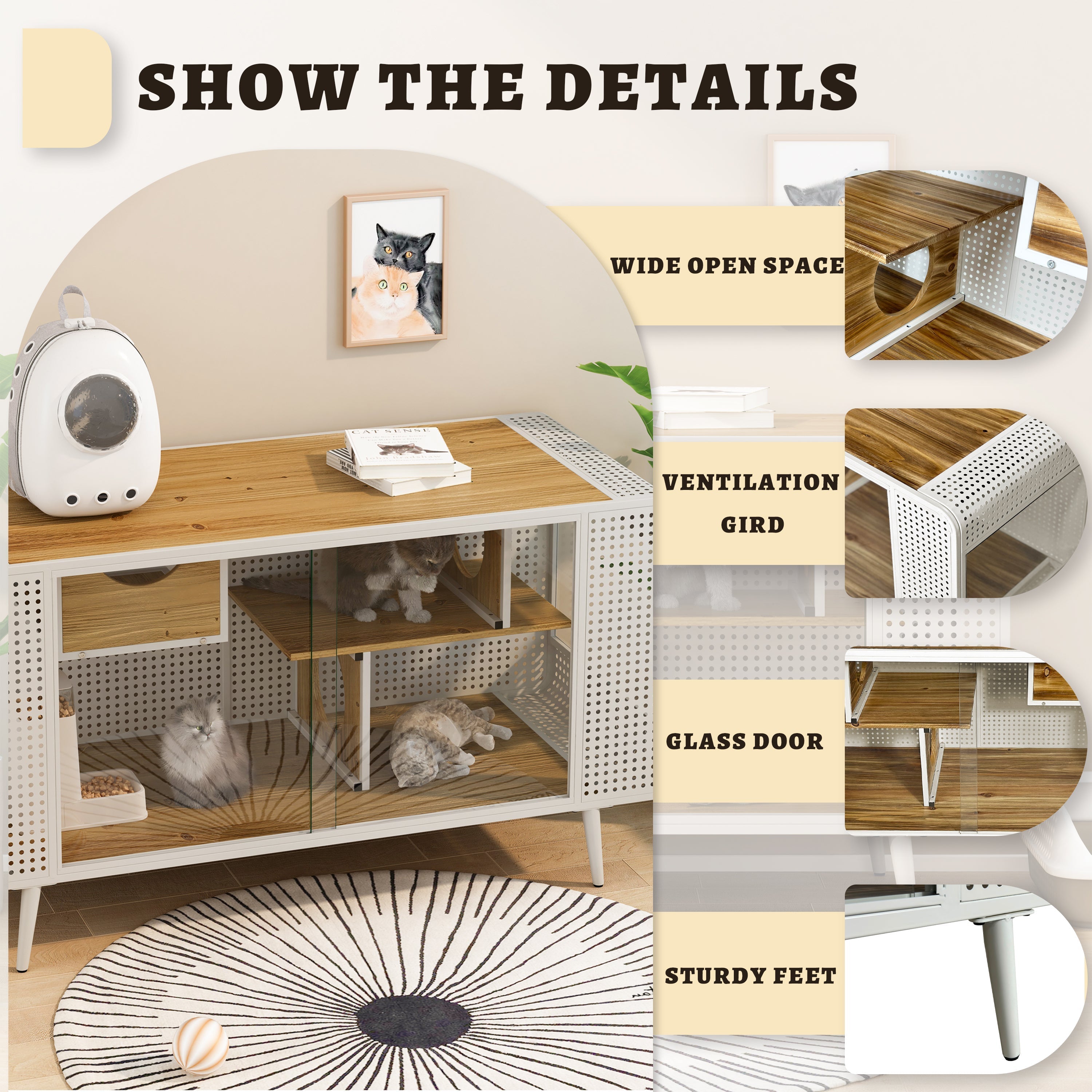 55.12' Spacious Cat House with Tempered Glass (White)