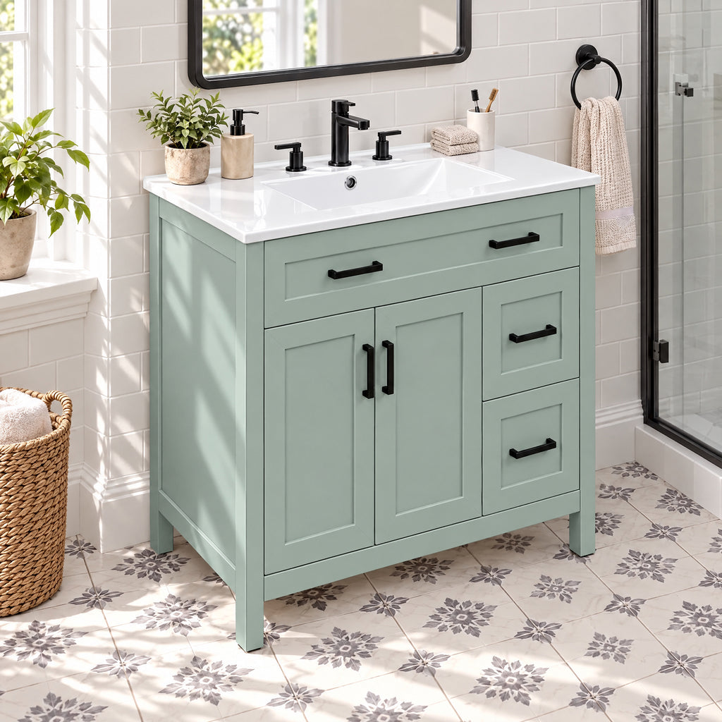 36-Inch Bathroom Vanity with Ceramic Sink, Soft-Close Doors, Sage Green