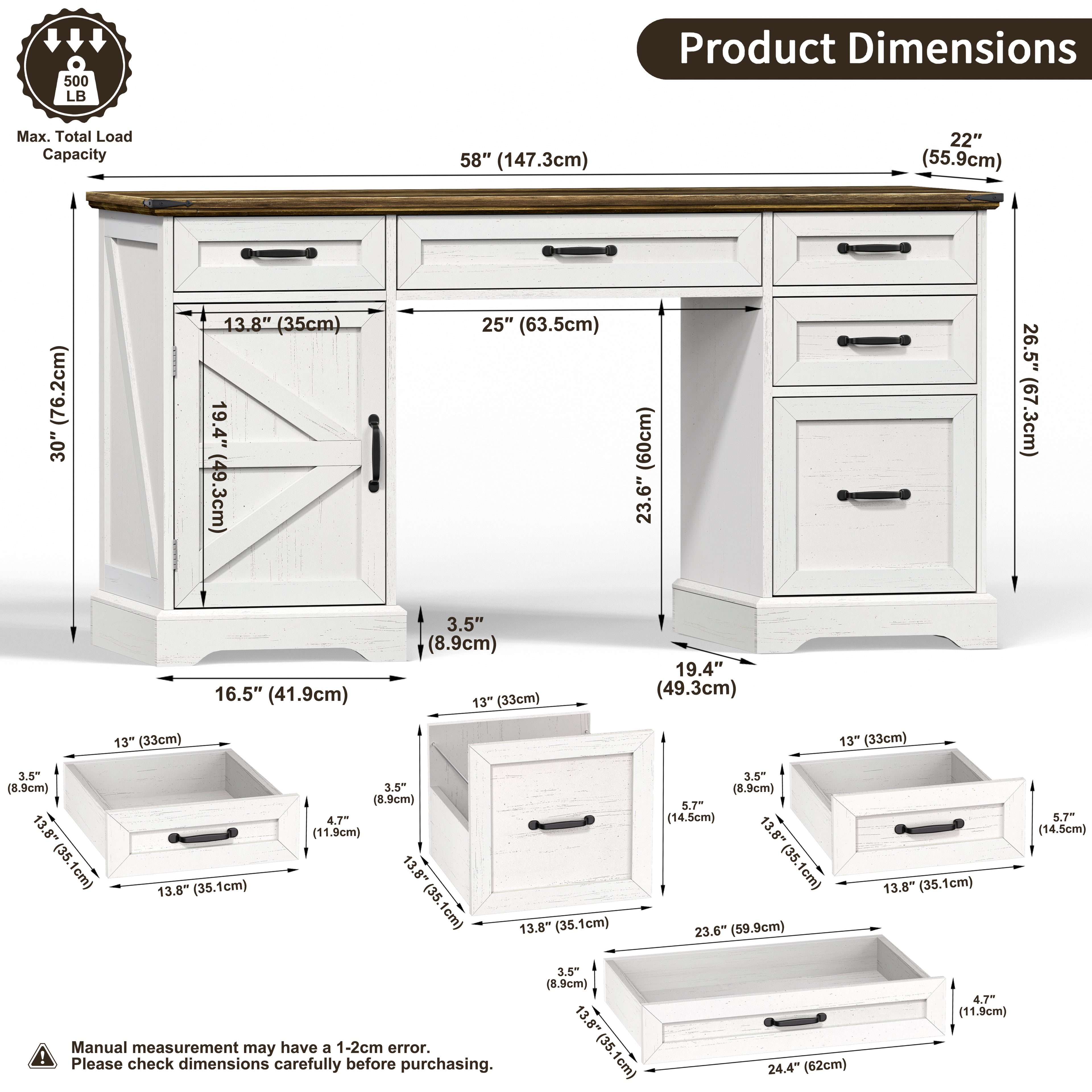 58" Farmhouse Executive Desk with Drawers and File Cabinet