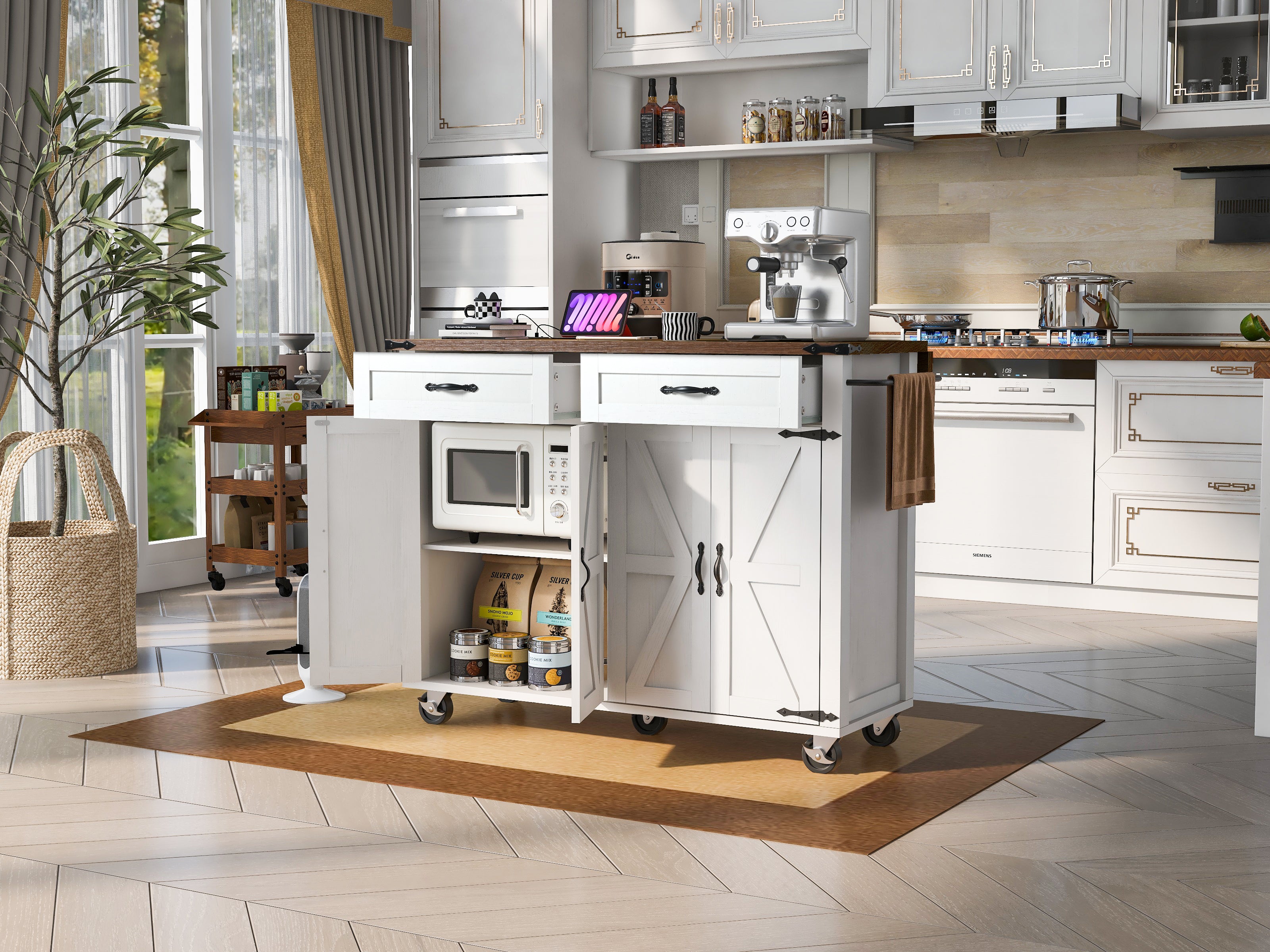 K&K Farmhouse Kitchen Island with Power Outlet