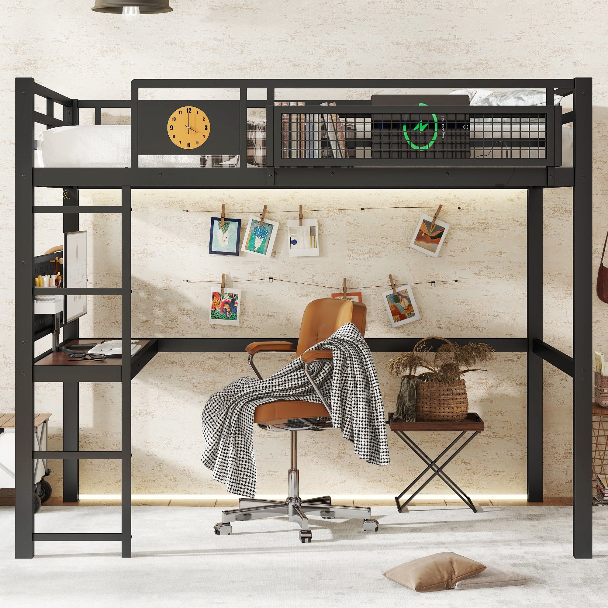 Full Size Loft Bed Frame with Desk and Storage Basket
