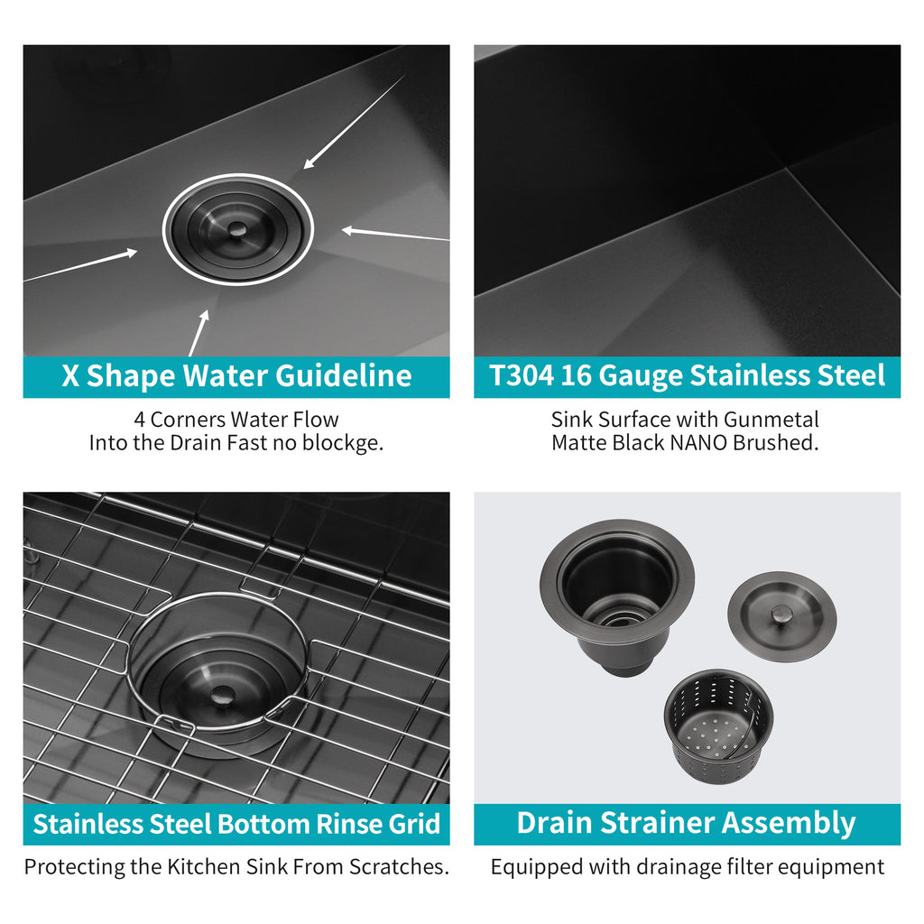 30 x 22 x 9 Inch Drop In Kitchen Sink - Topmount Gunmetal