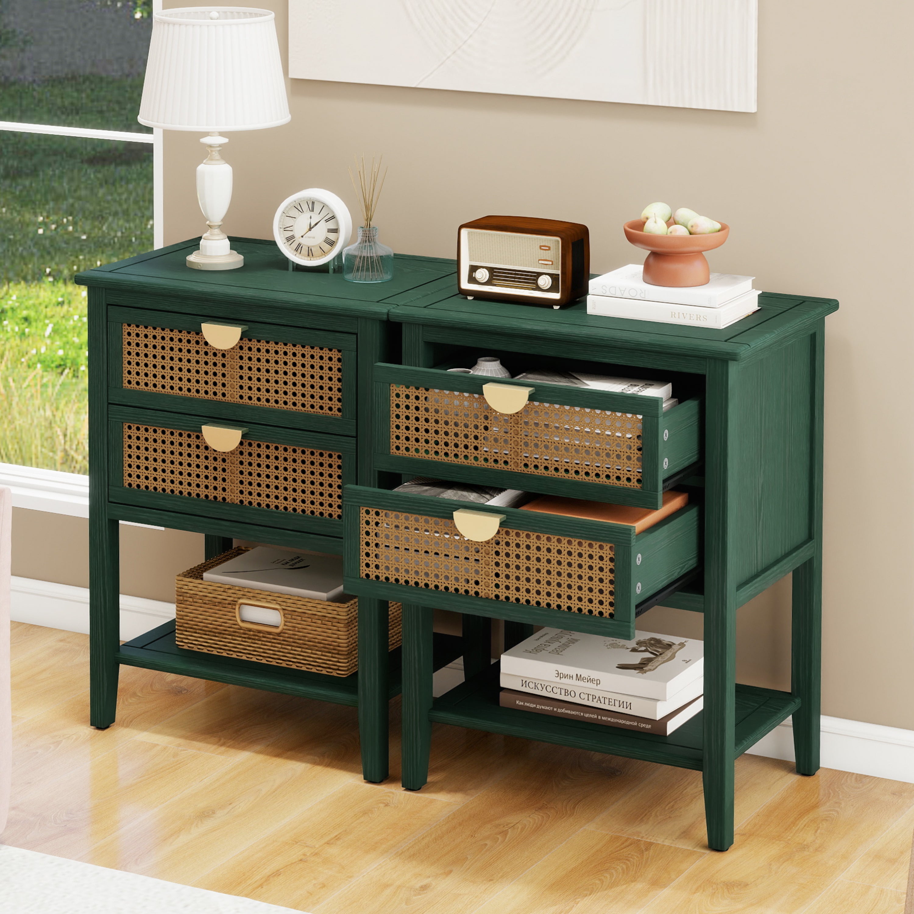 2 Drawer Side Table in Natural Rattan