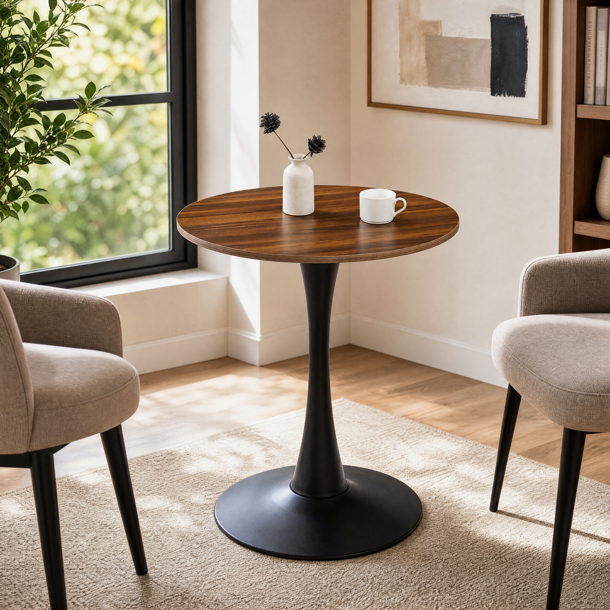 Dark Wood Grain Round Dining Table, 24-Inch, MDF and Metal Base