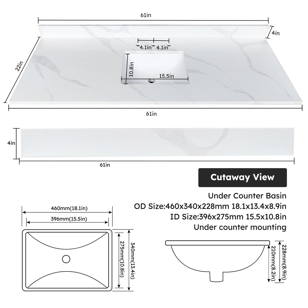 61-Inch Quartz Bathroom Vanity Top