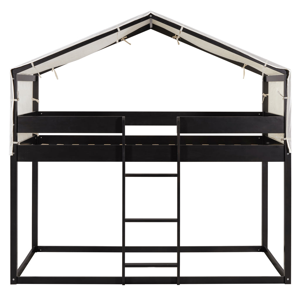 Twin Over Twin Wood Bunk Bed with Tent in Espresso