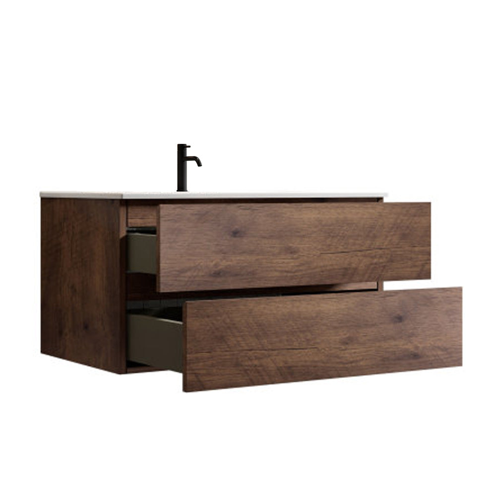 TIA 36-Inch Wall-Mounted Bathroom Vanity, Walnut with Ceramic Sink