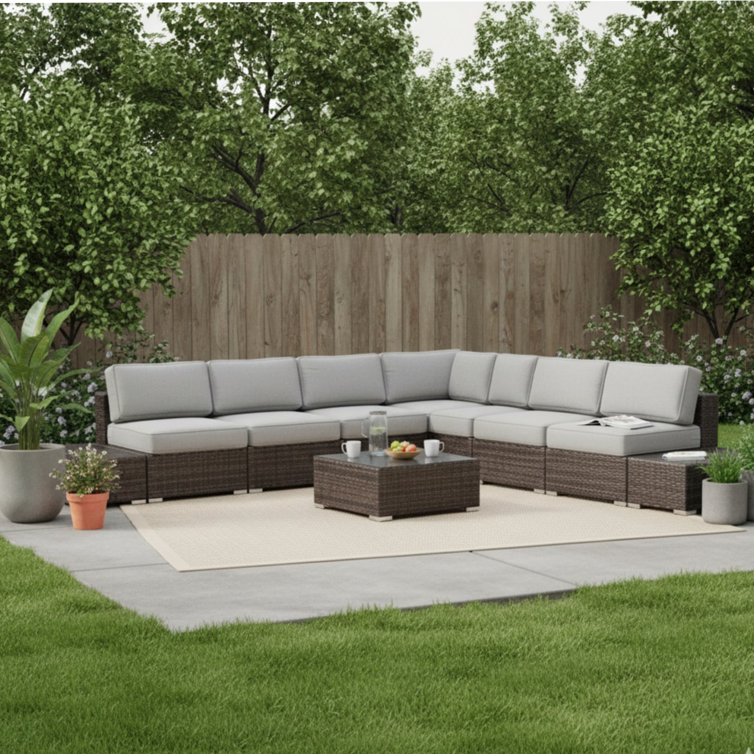 Wicker 6-Person Sectional Seating Group with Plush Cushions