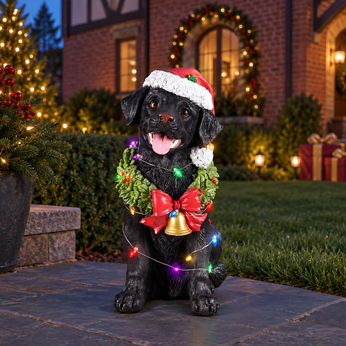 Lighted Christmas Labrador Retriever Dog Statue, Santa Hat, Black