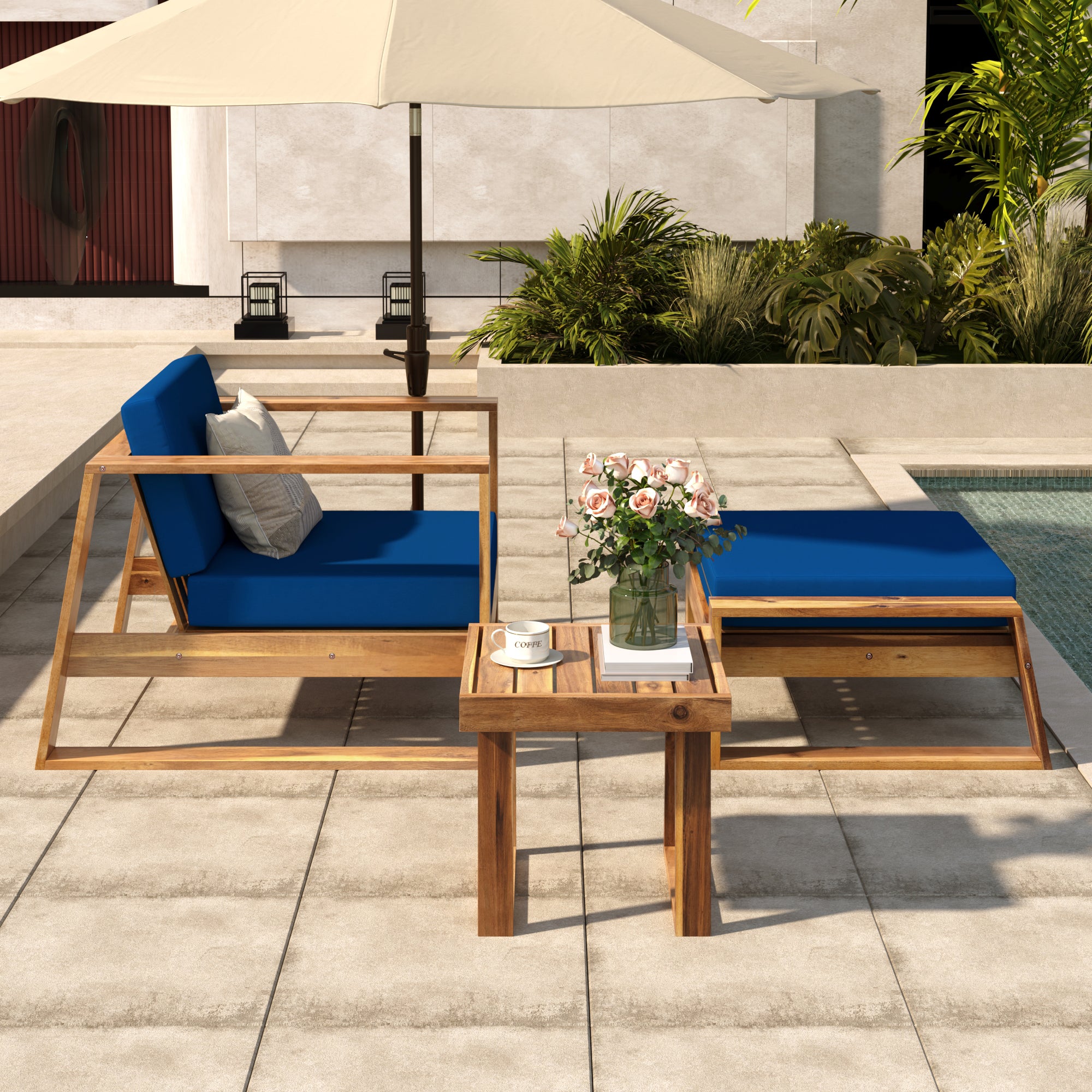 U_STYLE Acacia Wood Outdoor Lounge Set - Chair and Ottoman