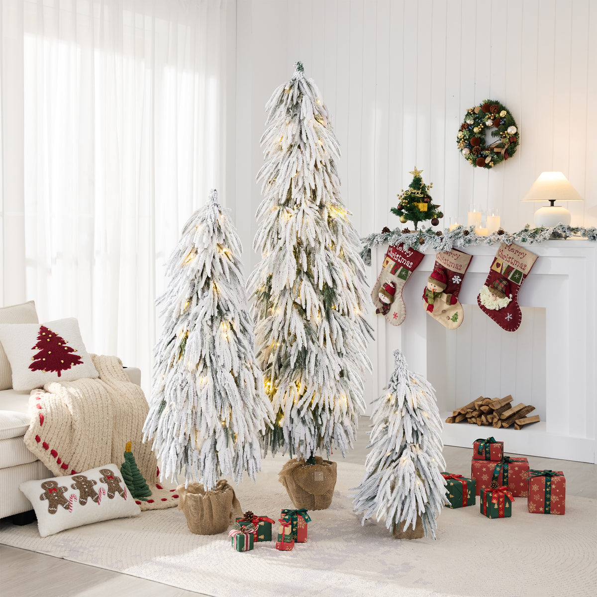 Pre-Lit Flocked Christmas Tree Set of 3