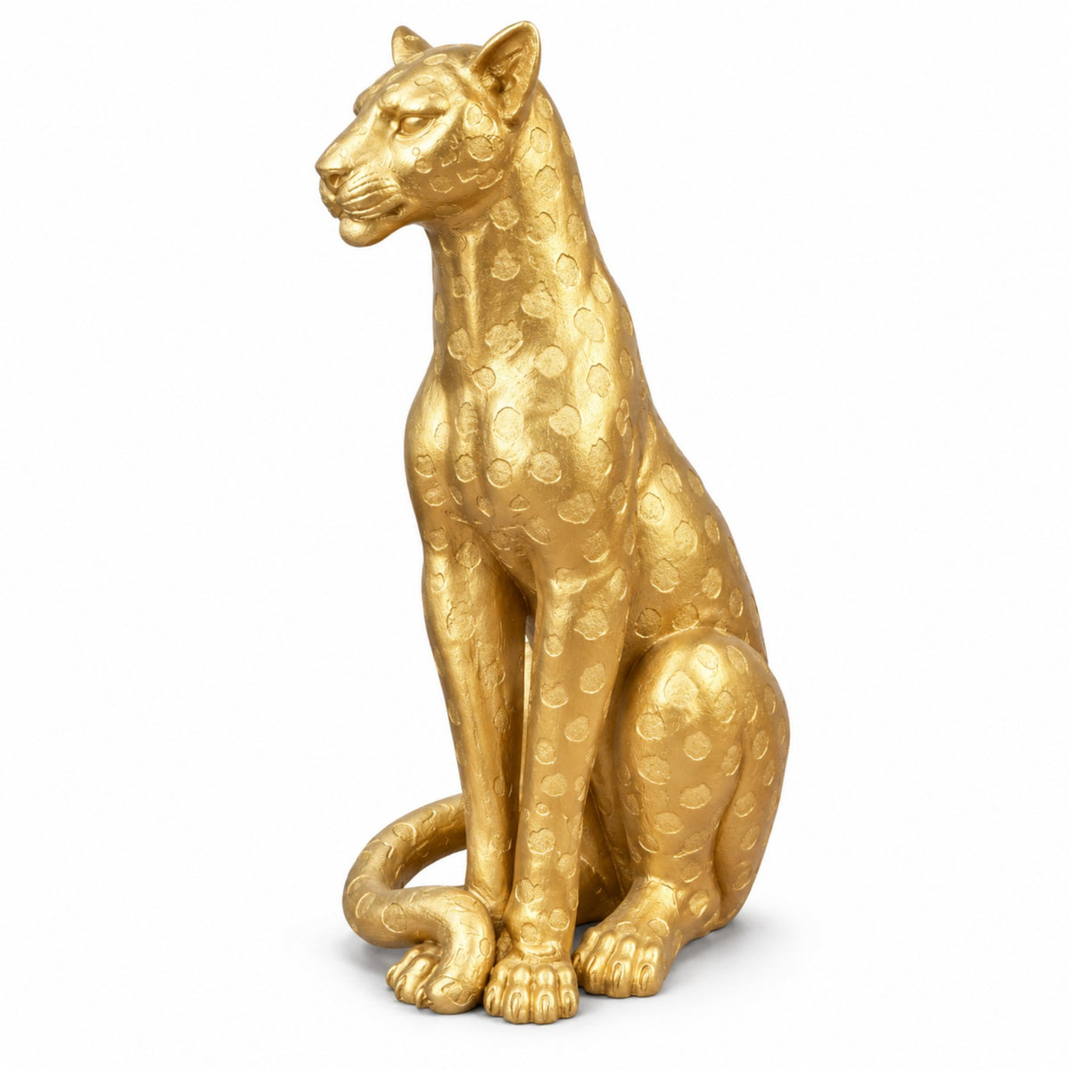 Gold Leopard Statue, 33.86 Inch Tall, Resin Fiberglass Seated Sculpture