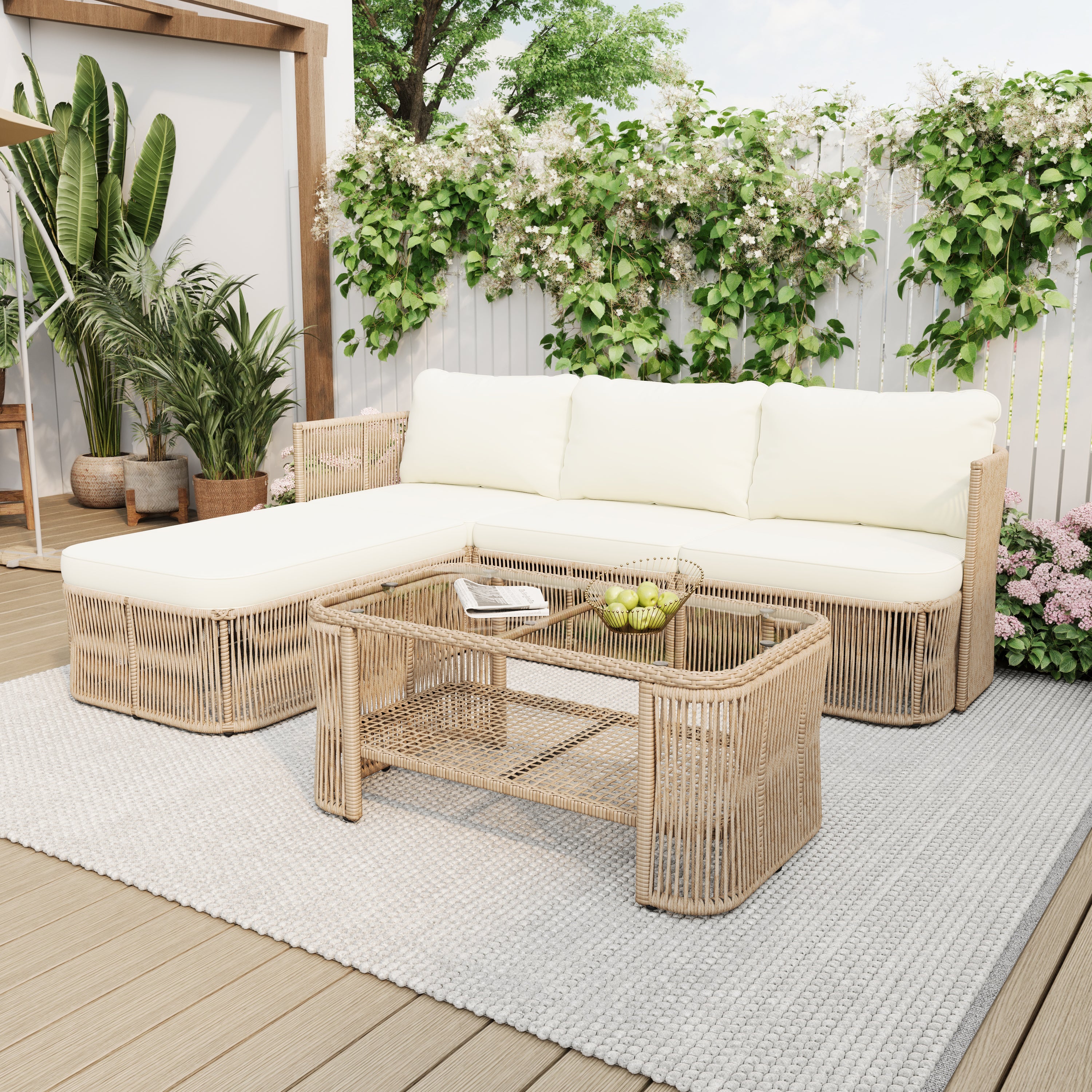 Outdoor PE Rattan Patio Furniture Set with Iron Frame, Dark