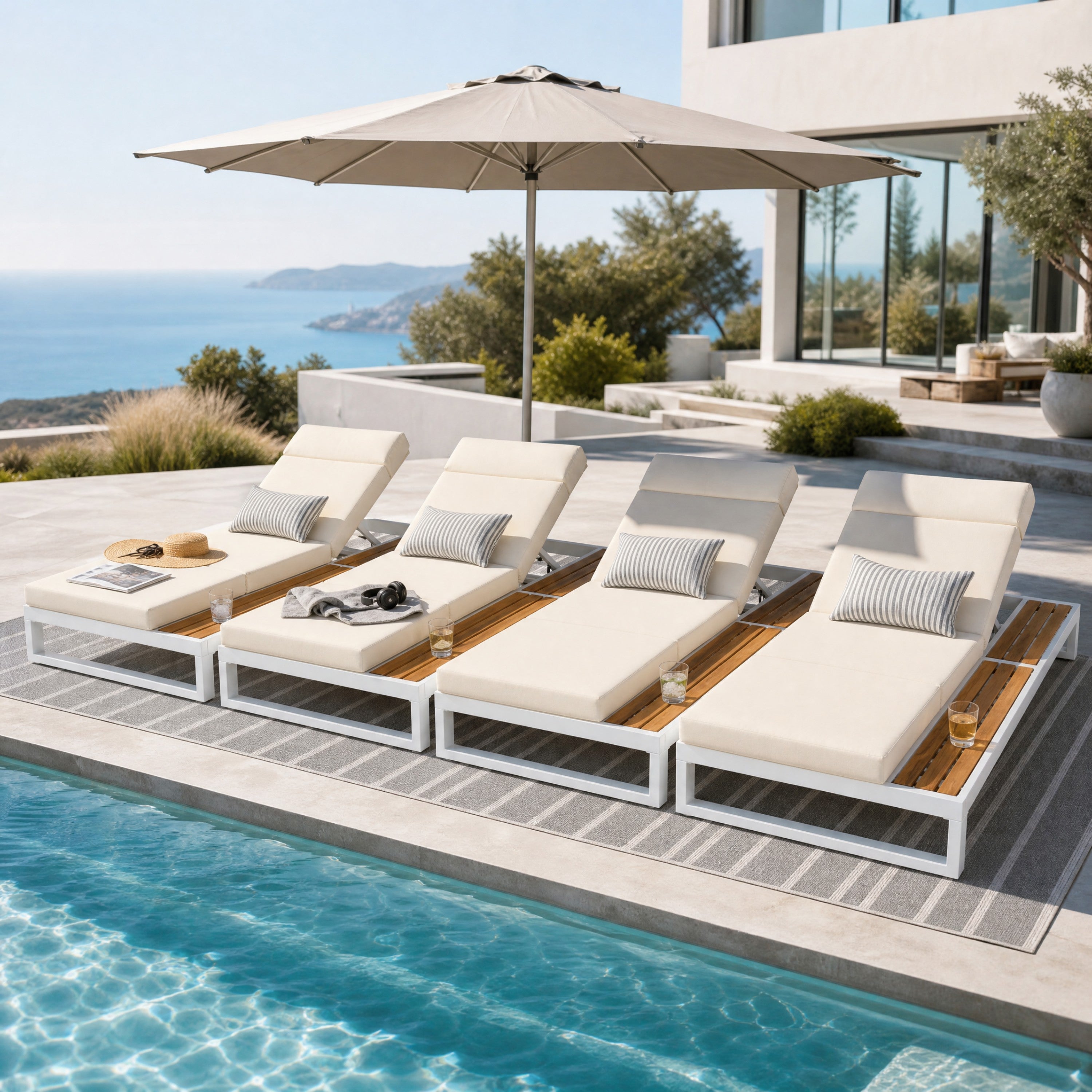 White Iron & Teak Finish Chaise Lounge Set