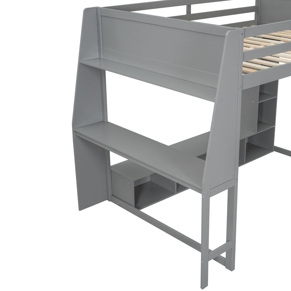 Wood Full Size Gaming Loft Bed with Desk and Multi-Storage Shelves