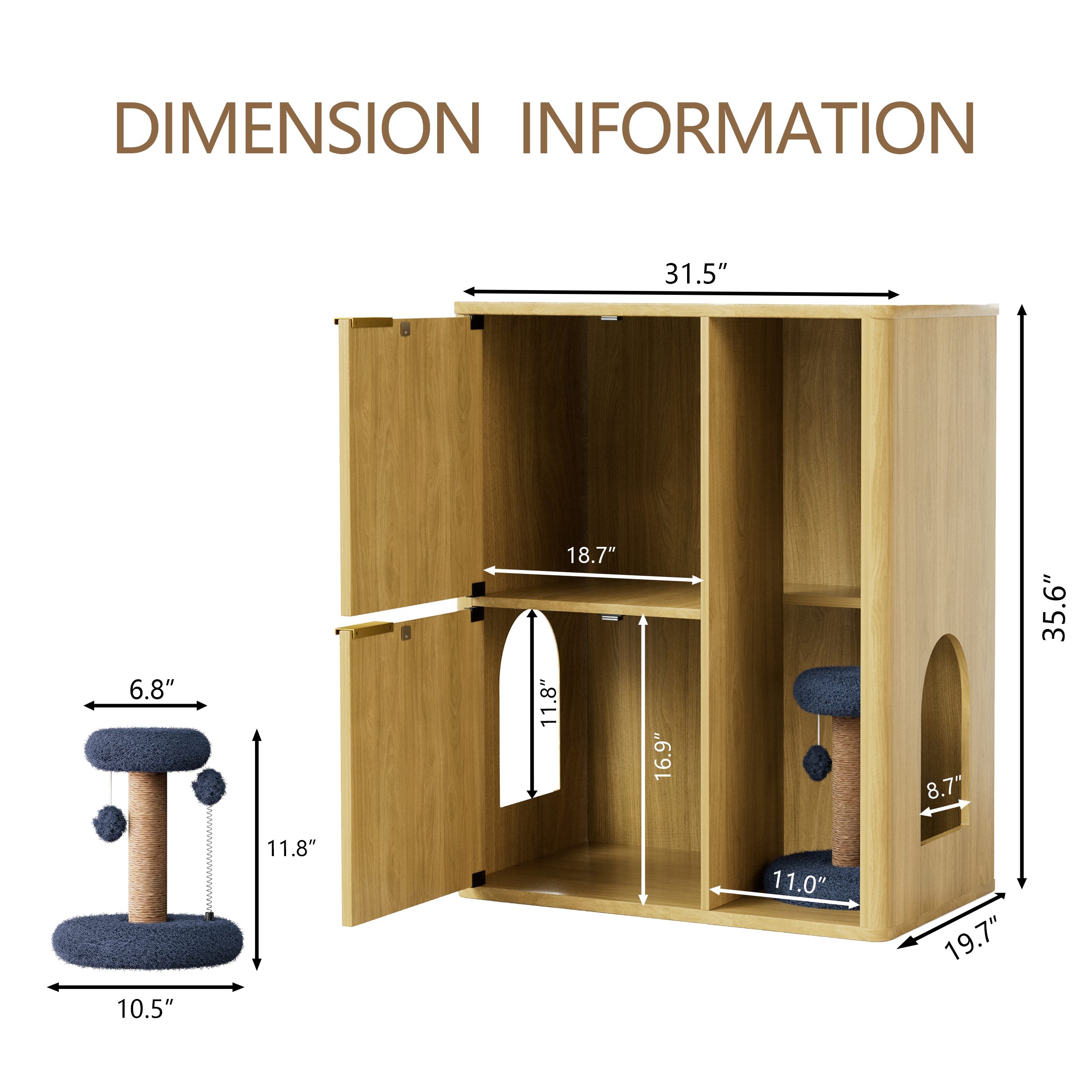 31.5-Inch Light Wood Cat Litter Cabinet with Cat Tree