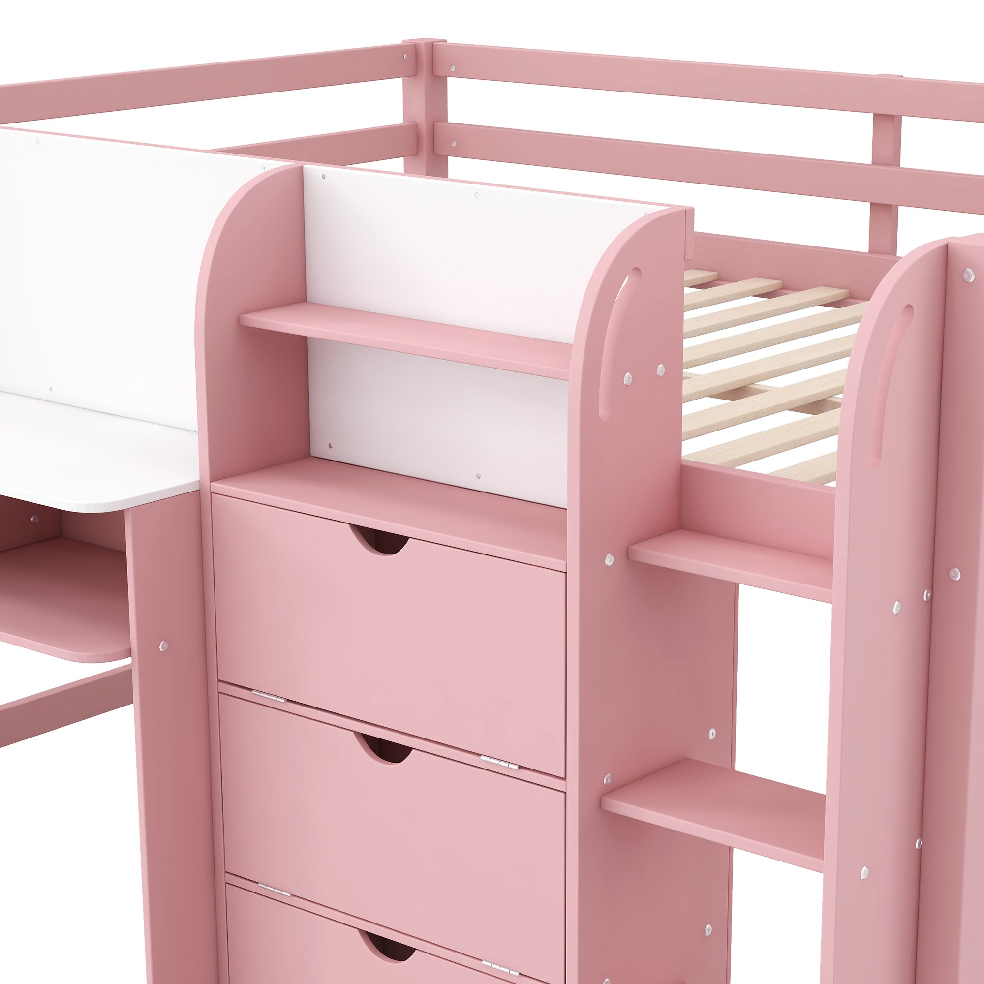 Full Size Low Loft Bed with Built-in Desk, Storage Cabinets and Open Bookcase