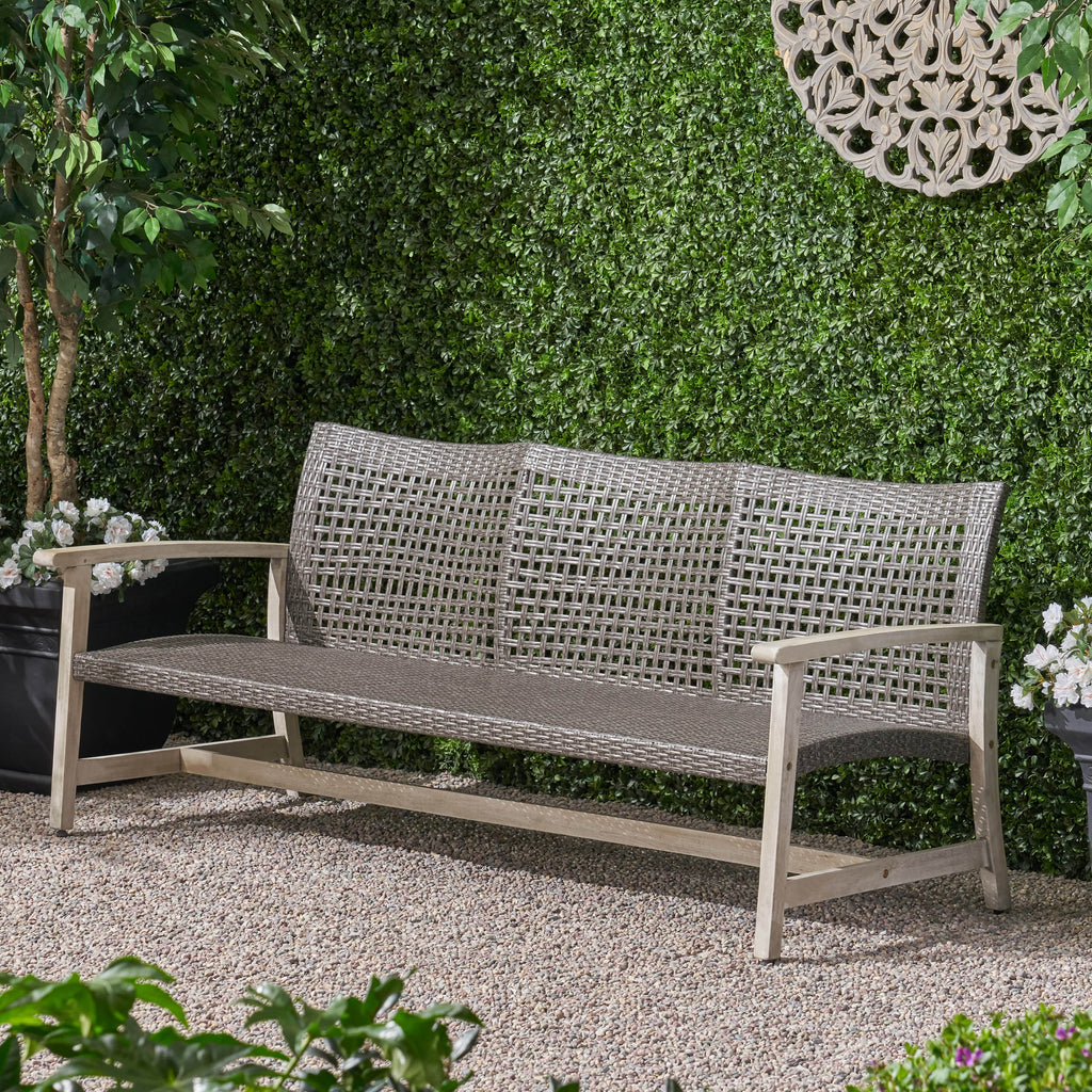 Outdoor Acacia Wood Wicker 3 Seater Sofa