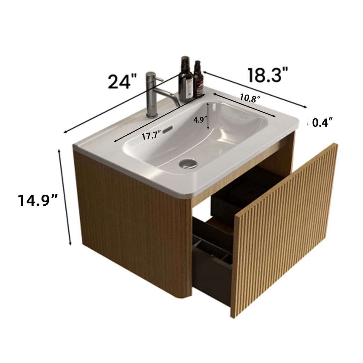 Etna 24-Inch Floating Bathroom Vanity, Oak Striped with White Ceramic Sink