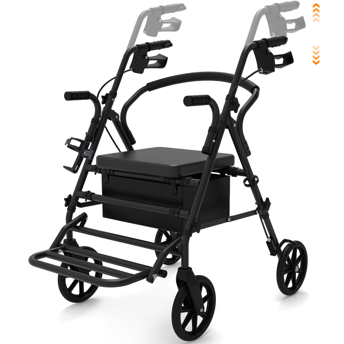 Rollator Walker with Seat for Seniors, 2-in-1 Combo, 8-Inch Wheels, Black