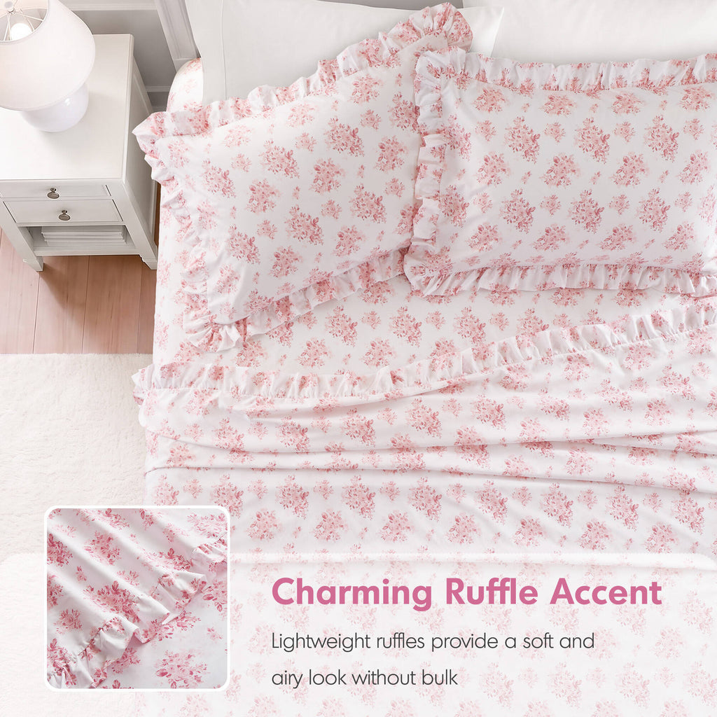 4-Piece Full Microfiber Sheet Set, Pink Floral, Ruffled Hem