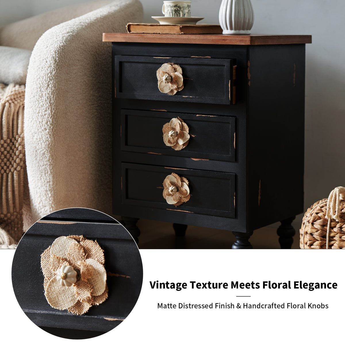 Vintage Farmhouse Nightstand with Floral Knobs, 19-Inch, 3 Drawers, Antique Black