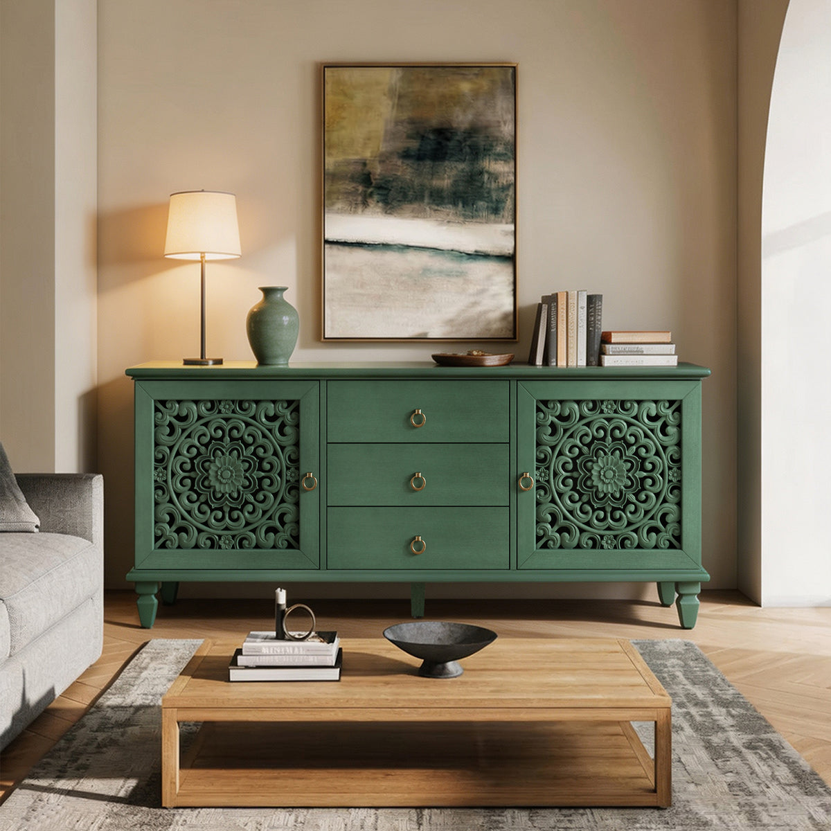 Farmhouse TV Stand with Hollow Carved Doors, Antique Green, 55-Inch