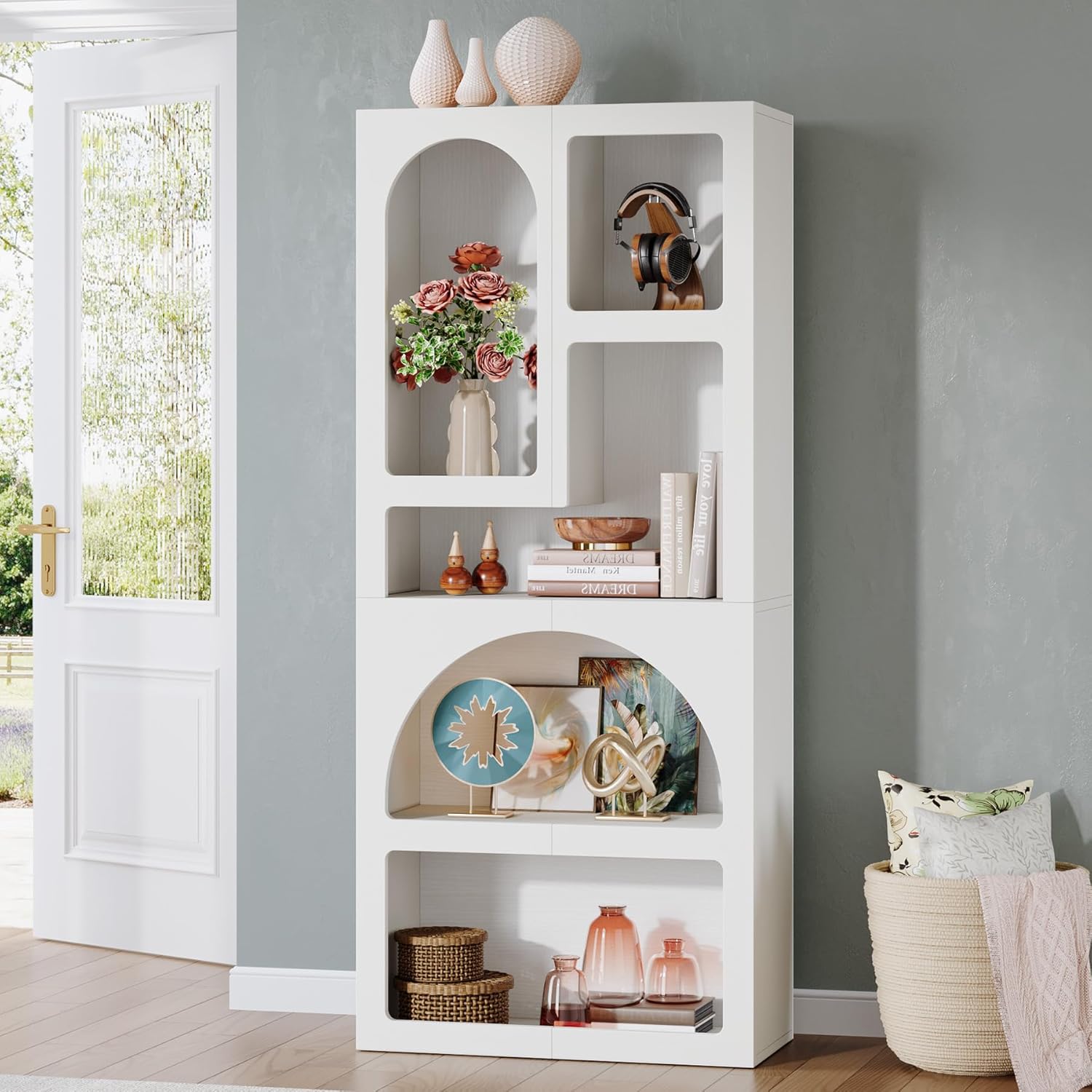 70.87” Tall White Geometric Arched 5-Shelf Art Display Bookcase